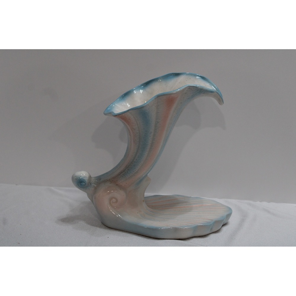 Vintage Blue Pink Ceramic Cornucopia Shell Vase Scalloped Coastal Decor